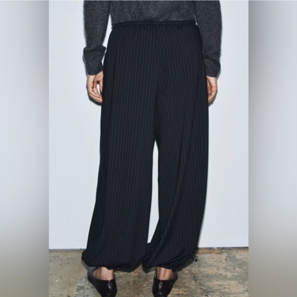 ZARA PINSTRIPE BALLOON PANTS BLUE NAVY - Picture 11 of 14